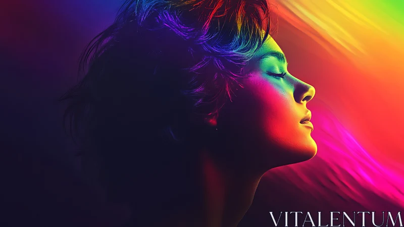 Peaceful side profile drifting in a dreamy neon rainbow glow.