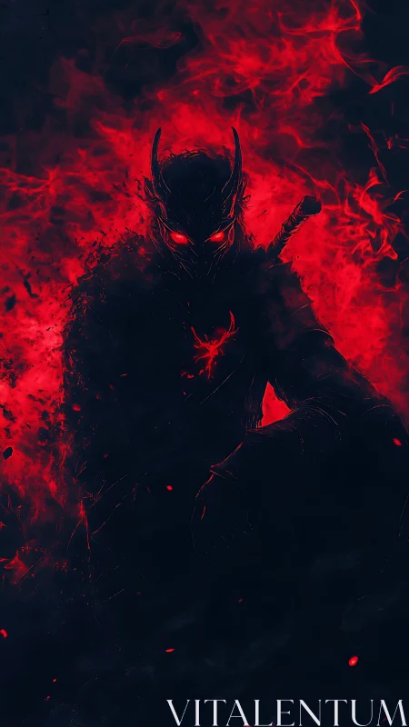 Demonic swordsman emerges from crimson inferno with glowing eyes