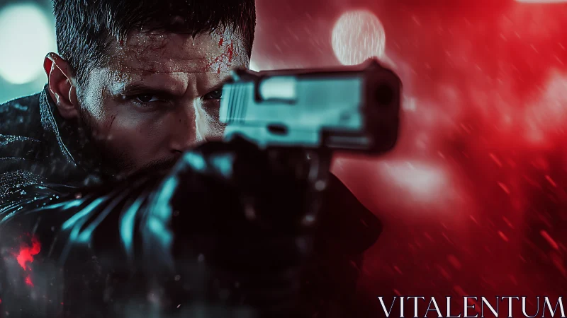 Cinematic cyberpunk gunman in shallow-depth neon portrait study.