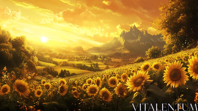 Radiant sunflowers glow beneath a golden fantasy sunset.