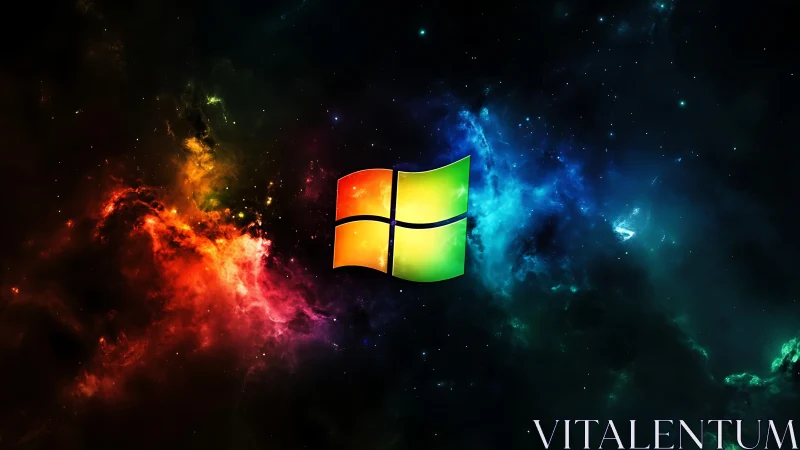 Multicolor quadrants logo suspended in high-contrast nebula field