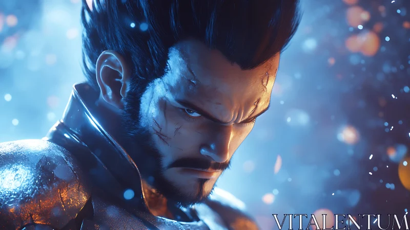 Battle hardened warrior lowers head under drifting embers