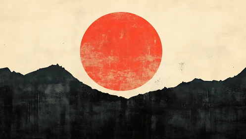 Red sun circle above rough black mountain silhouette