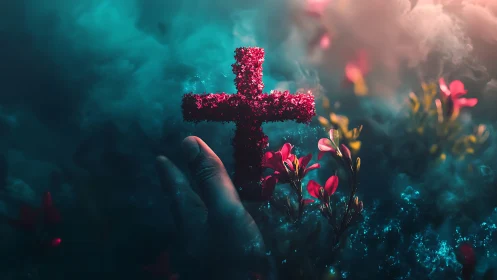 Glowing floral cross rises from misty teal spiritual garden