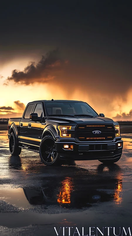 Black lifted pickup truck stands on wet asphalt at sunset