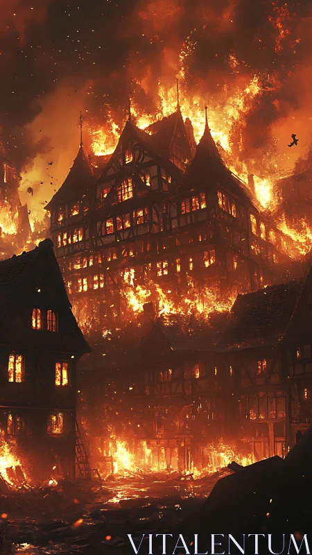 Towering Gothic Structure Consumed by Inferno Flames.