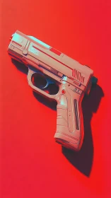 Futuristic handgun rendered on bold red background.
