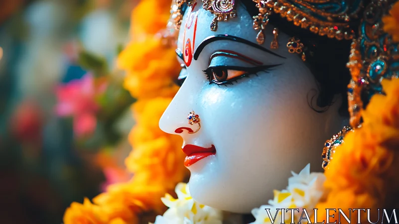 High-saturation closeup of jeweled devotional sculpture profile.