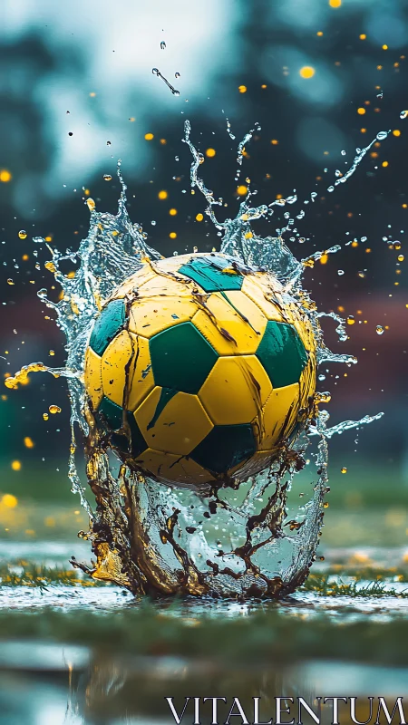 Dynamic soccer ball splash in shallow water with bokeh light.