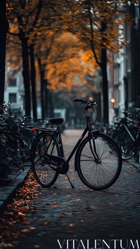 Solitary Bicycle Staged in Autumn Street Alleyway During Golden Hour.