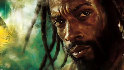 Digital painting portrait with tropical ethereal background focus.