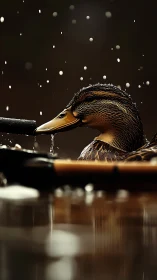 Mallard duck in rainfall beside paddle on calm water.