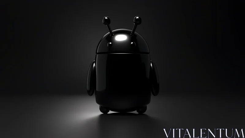 Glossy black robot figurine stands centered on dark ground