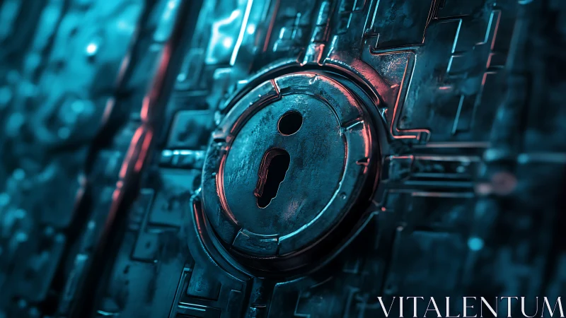 Metallic keyhole in illuminated futuristic lock surface.