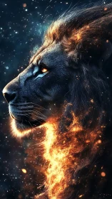 Profile view of stylized lion with fiery mane effect.