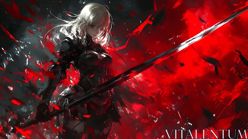 Fierce blonde knight stands in glowing storm of red energy.