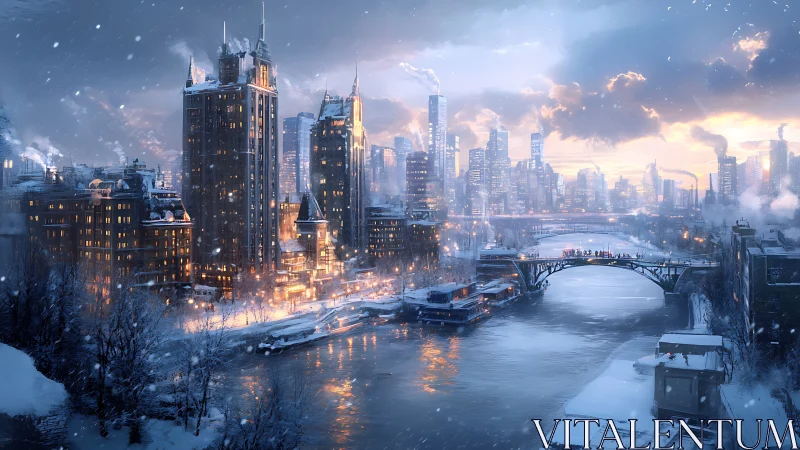 Snowlit canal city at dusk with glowing tower skyline.