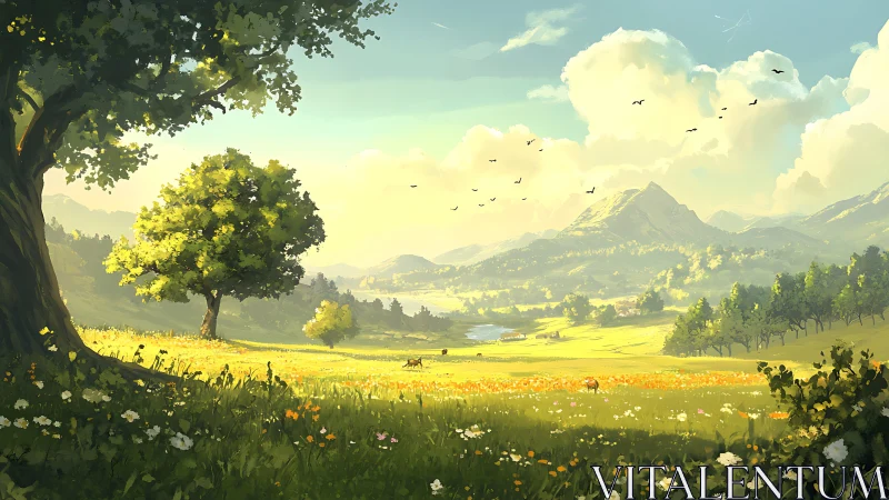 Sunlit alpine valley meadow with trees, wildlife and clouds