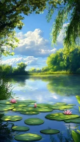 Tranquil lily pond under bright summer sky reflection.