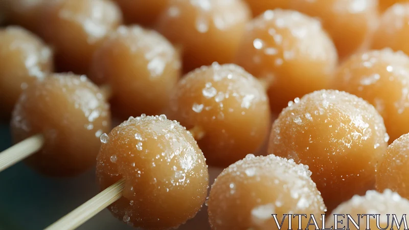 Macro closeup of skewered sugar coated caramelized dough spheres