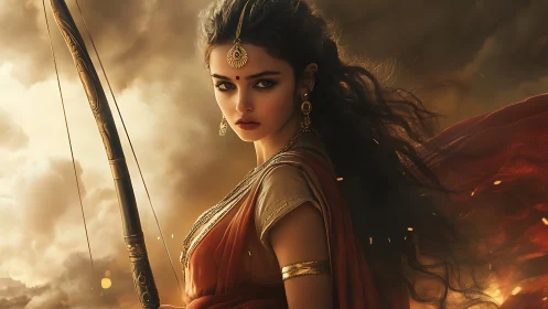 Warrior princess stands poised beneath stormlit skies.