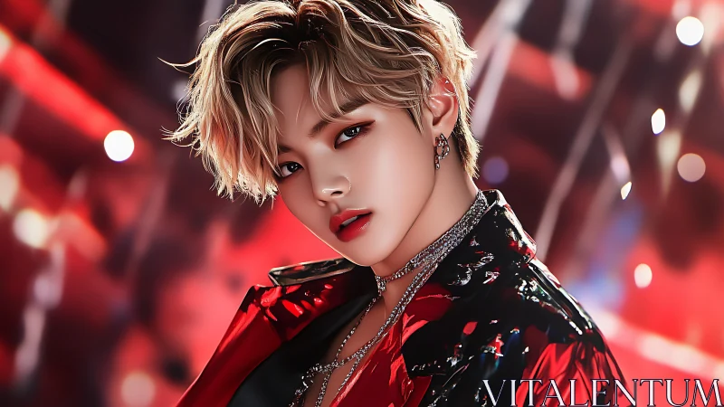 Shimmering pop star holds a bold gaze in glowing red light