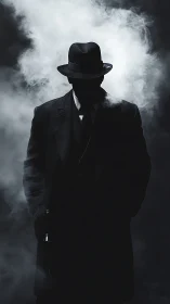 Noir silhouette of fedora man in smoke-filled low key lighting.