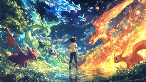 Elemental dragon guardians encircling lone trainer at reflective pool