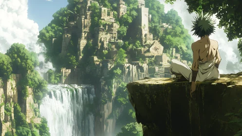 Solitary wanderer gazes over lush waterfall ruins.