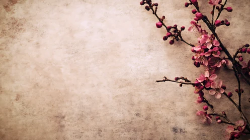 Pink flowering branch on textured neutral background.