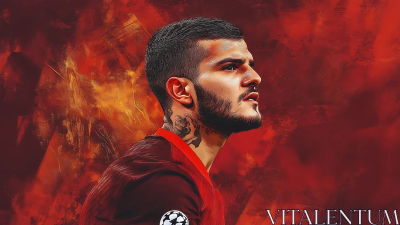 Side-profile football portrait over blazing red textures.