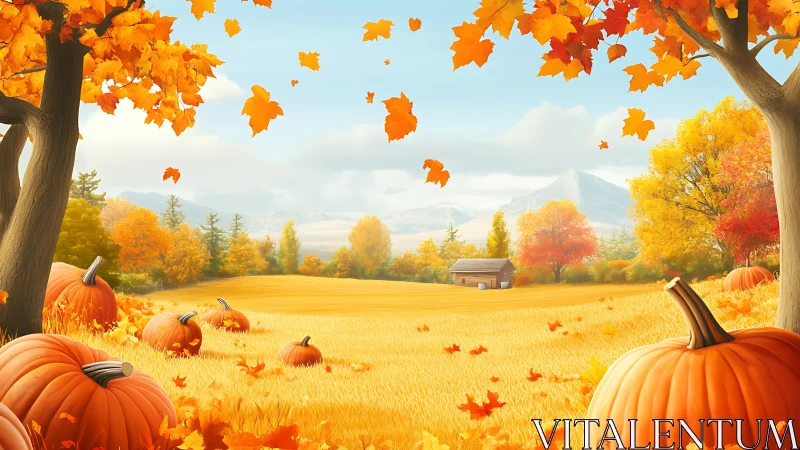 Bright pumpkin field stretches toward distant autumn mountains