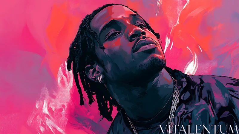 Confident portrait of man in pink and red digital art.