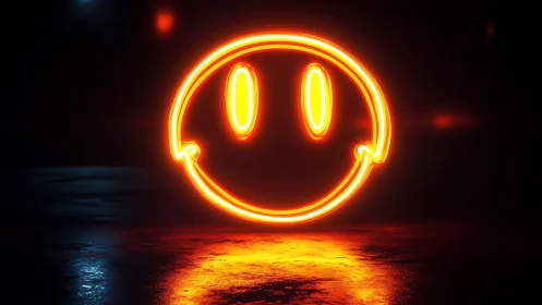 Neon smiley face outline glows on dark reflective surface