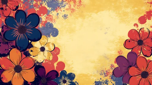Vibrant floral composition bursts across golden background.