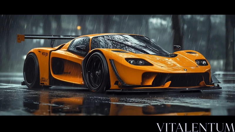 Orange race car waits in dramatic rain-soaked city street.