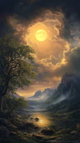 Luminous full moon backlights misty valley river in layered clouds