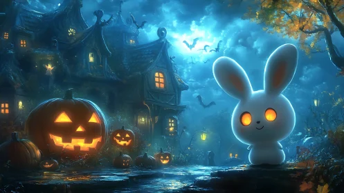 Glowing eyed rabbit stands in front of pumpkins at night