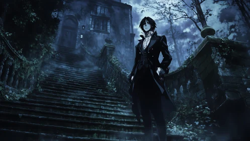 Gothic noble stands before misted ivy-clad staircase at night.