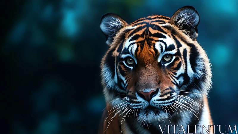 Midnight jungle tiger gazes through electric sapphire hush.