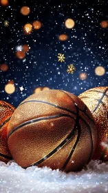 Festive winter basketball still life with glittering bokeh.