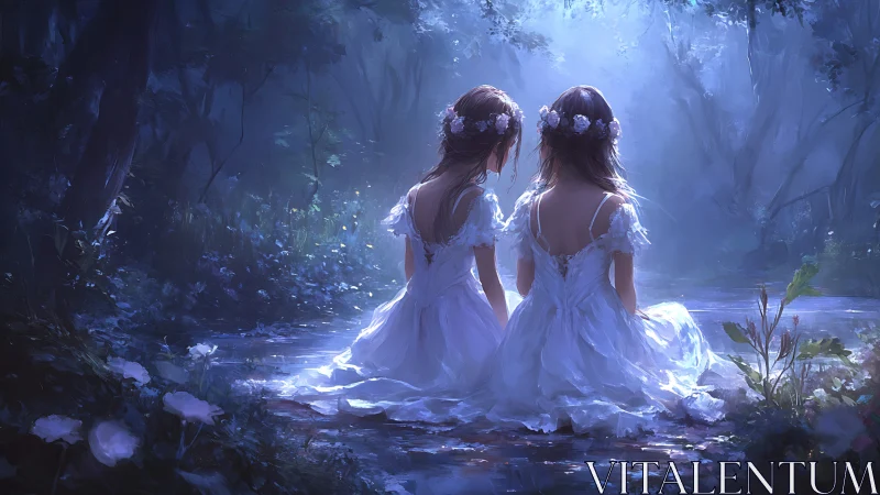 Moonlit sisters resting beside an ethereal forest stream.