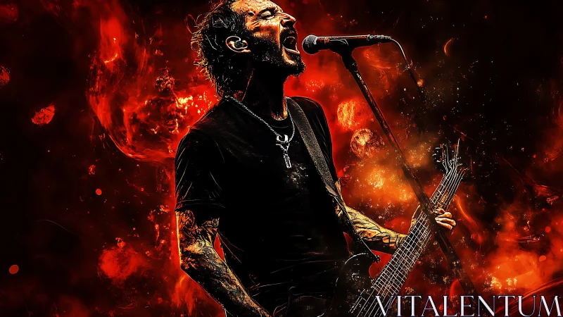 Volcanic stage howler shredding riffs in a storm of fire.