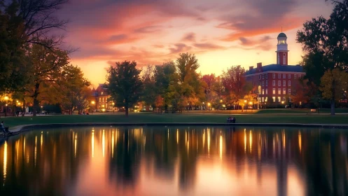 Autumn campus skyline mirrored in glowing sunset lake.