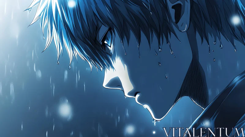 Melancholic anime profile in blue rain, high contrast lighting