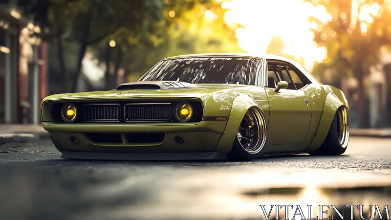Low-slung lime muscle car prowls a golden city sunset.