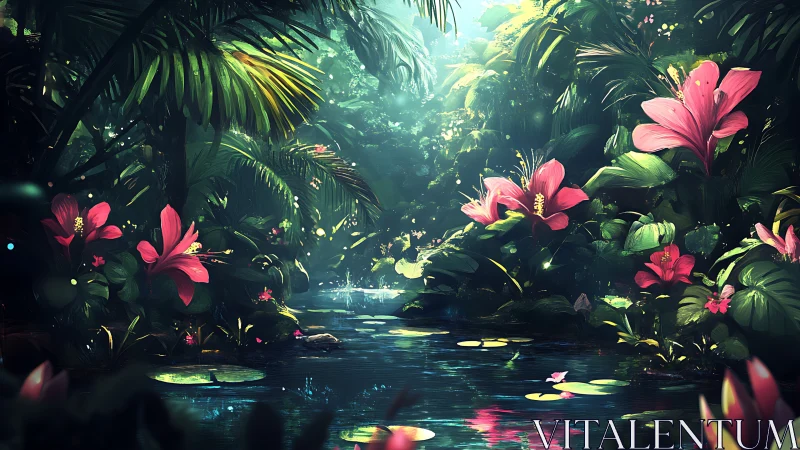 Sunlit jungle lagoon shimmers amid lush pink blossoms