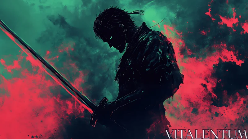 Digital painting of neon-lit samurai silhouette in combat stance.