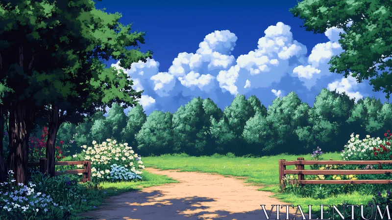 Anime pastoral path with layered foliage and cloud massing.