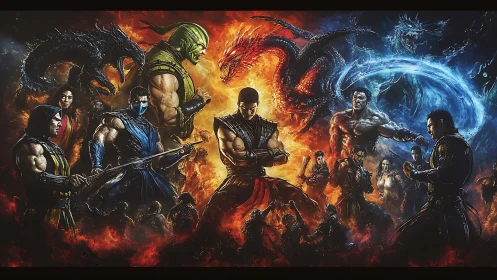 Martial warriors clash amid elemental fire and frost vortex.